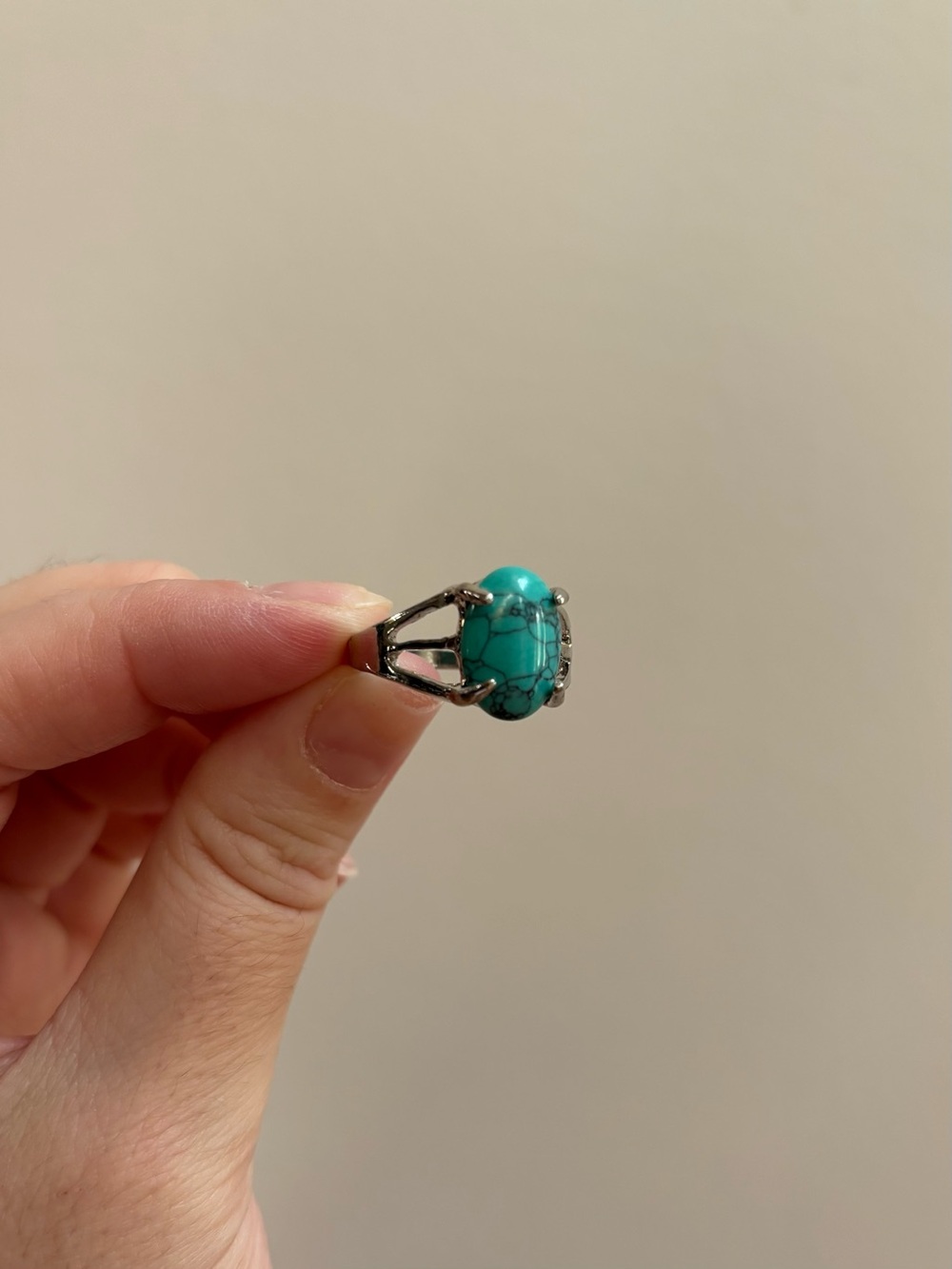 Silver Tone High Claw Prong Statement Ring with Oval Turquoise Stone